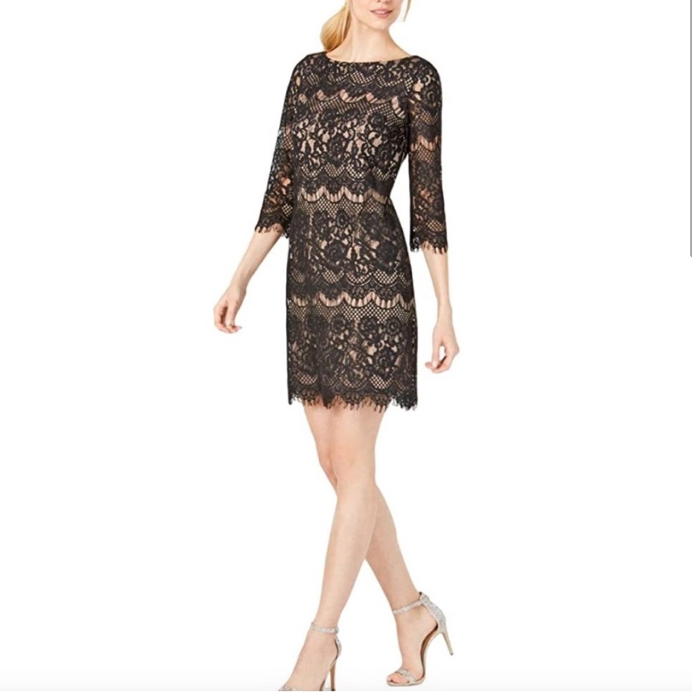 Jessica Howard Black and Tan Sheath Dress with Bell Sleeves
